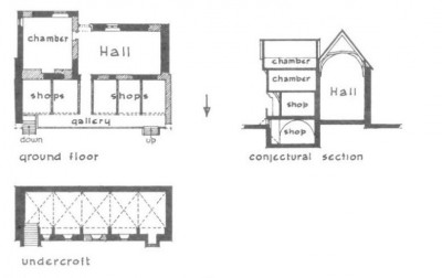 Figure 5. Faulkner's interpretation of Tackley's Inn shows the raised gallery to the shops, and the inclusion of two levels of chambers above, rather than the solar as proposed by Pantin (Faulkner 1967, 126).  